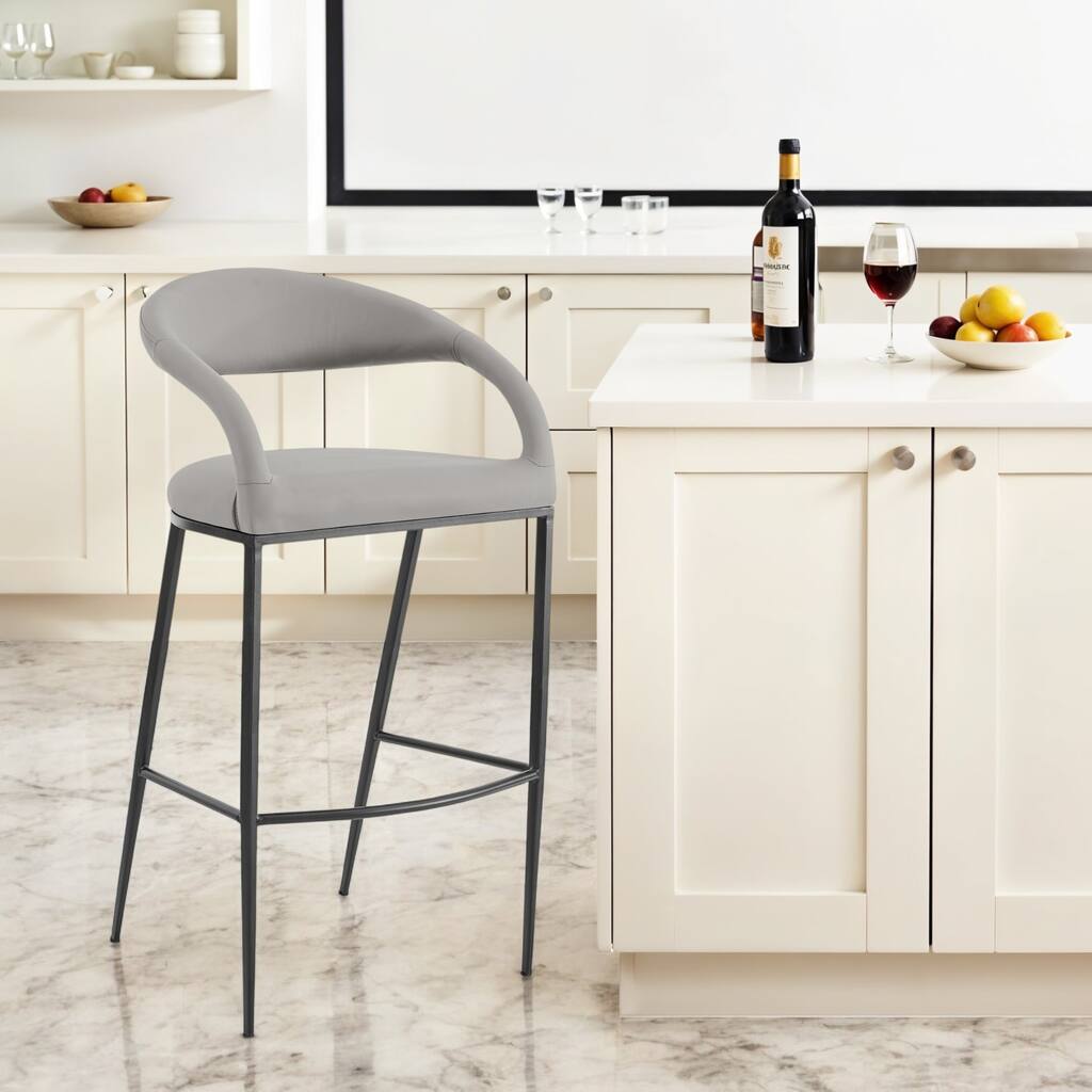 HomeRoots 30" Light Gray and Black Faux Leather and Iron Low Back Bar Height Bar Chair