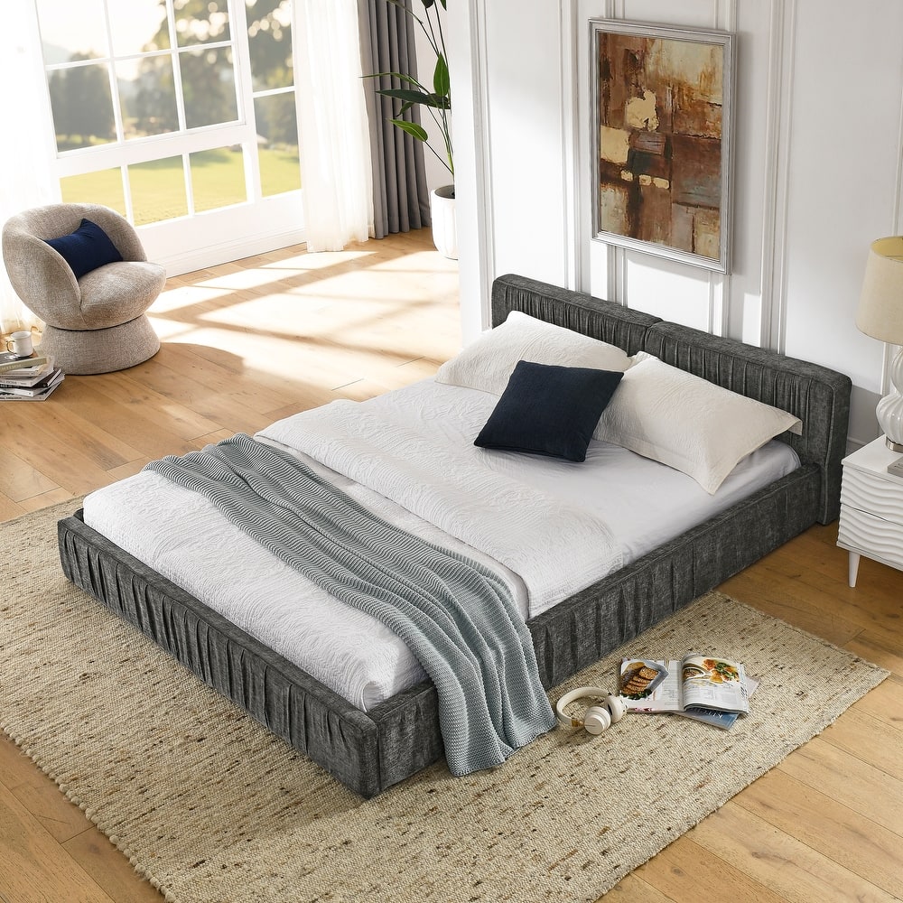 Pleated Design Frame, Queen Size Grounded Bed Frame Chenille Fabric Upholstered Bed Low Profile Platform Bed with Headboard