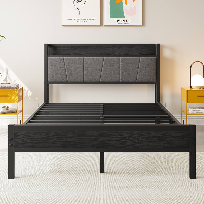 Platform Bed Metal Bed Frame, Storage Headboard with Charging Station, Under Bed Storage Clearance, Noise-Free, Easy Assembly