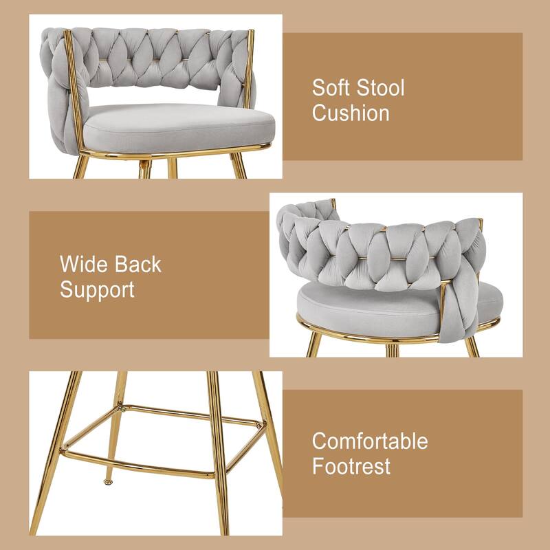 VECELO Counter Height Bar Stools with Woven Backrest 26.77" Seat Height Mid-Century Modern Upholstered Bar Chairs for Kitchen