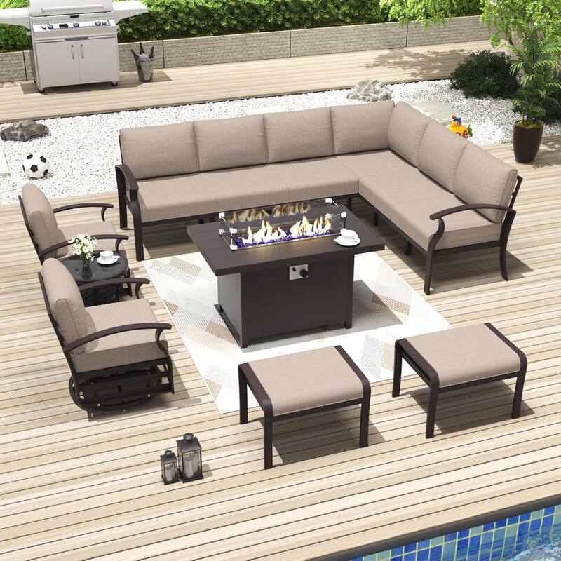 Kullavik Aluminum Corner Sofa Set, Patio Outdoor Sectional Sofa Set with Armrests and Footrests - 10 Seats/Swivel&Fire Pit - Khaki