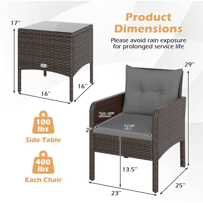 Gymax 3 PCS Patio PE Wicker Furniture Set w/Cushions & Tempered Glass