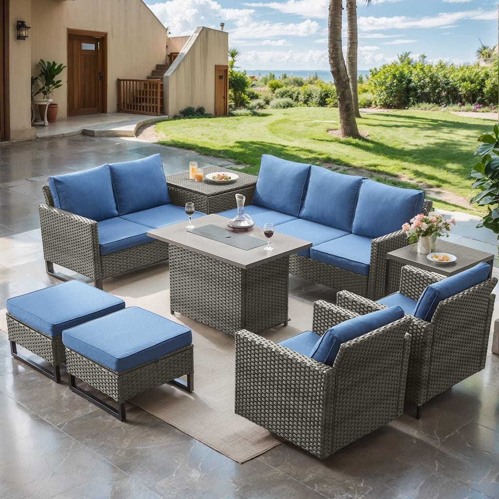 9 Pieces Patio Sofa Ottoman with Fire Pit Table - Blue cushion - Grey
