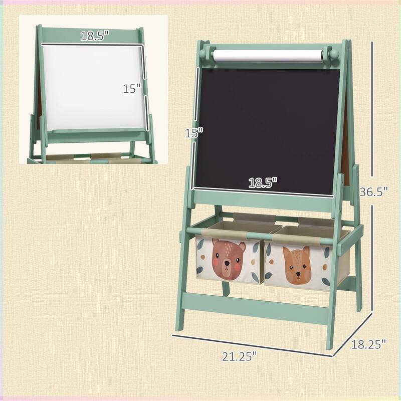 3-in-1 Kids Art Easel with Blackboard Whiteboard Paper Roll Storage Baskets Adorable Animal Design for Toddlers