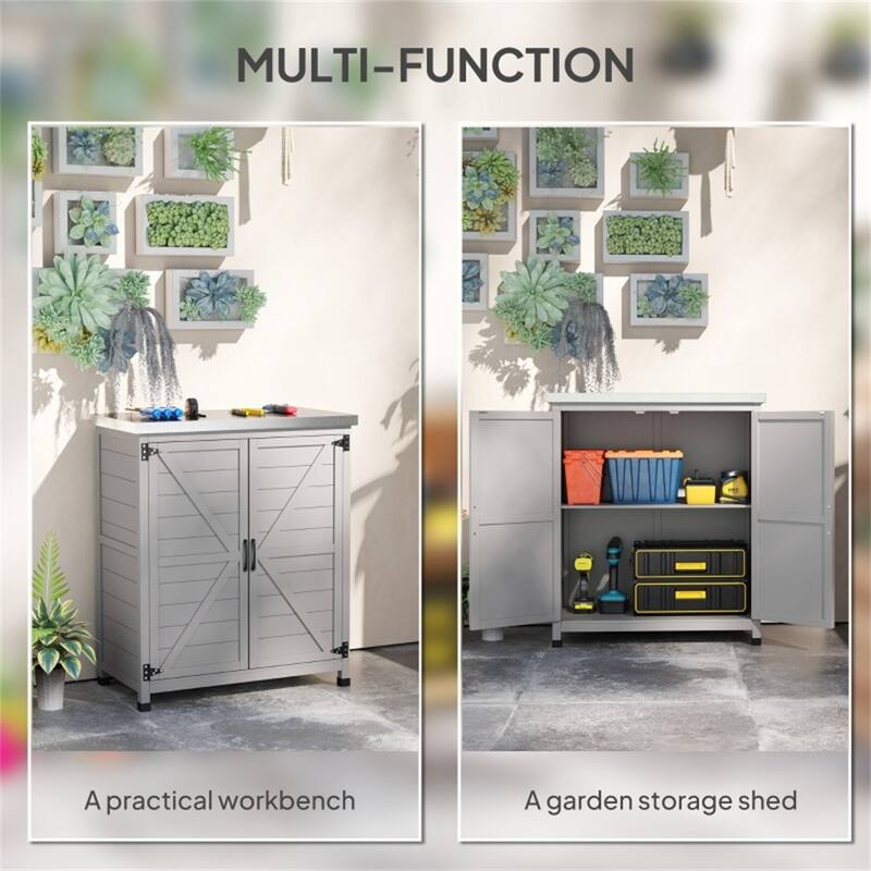 Fir Wood Garden Storage Bench with Galvanized Worktable - 31.1" W x 16.9" D x 36.2" H