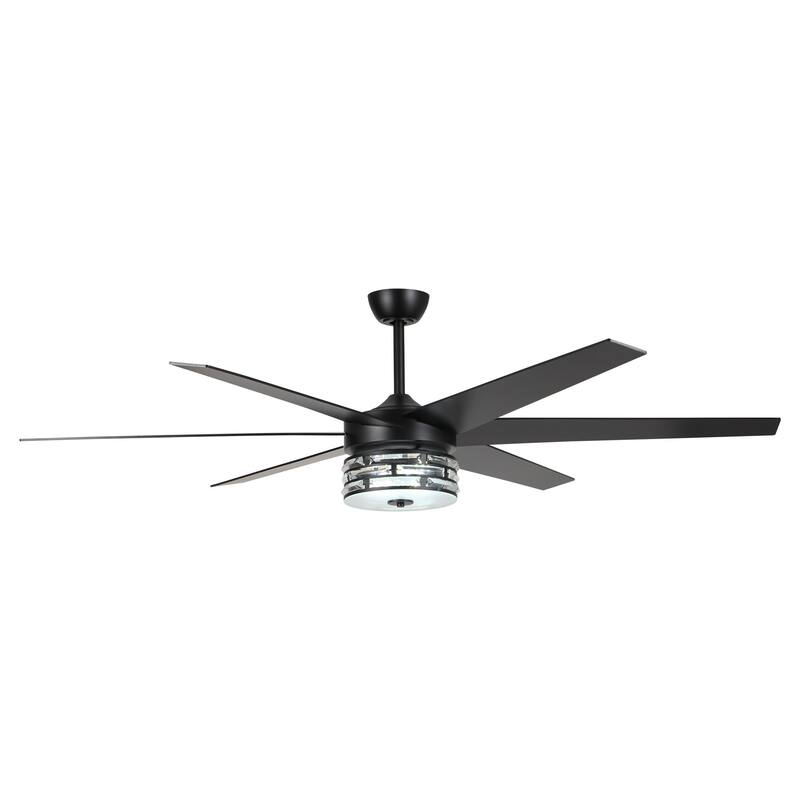 Modern 70-in Matte Black 6-Blade Crystal LED Ceiling Fan with Light and Remote - 70-in W x 21.9-in H