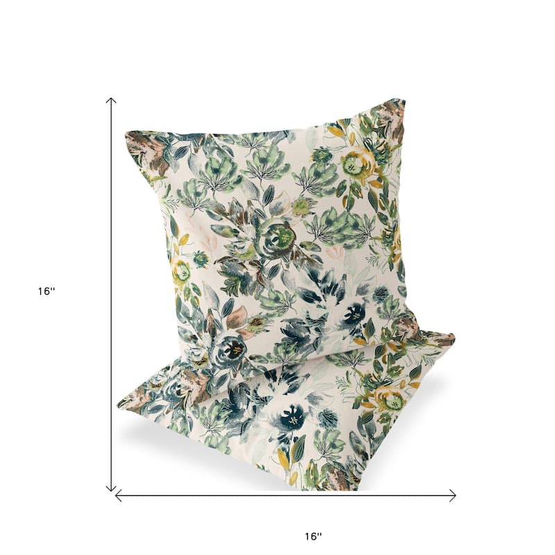 HomeRoots Set of Two 16" X 16" Green and White Blown Seam Floral Indoor Outdoor Throw Pillow - 16.00' X '16.00' X '5.00