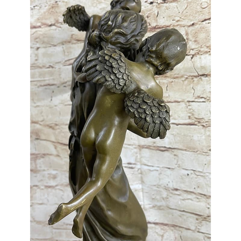 Signed Moreau Young Lady With Two Angels Bronze Sculpture Statue Figurine Decor