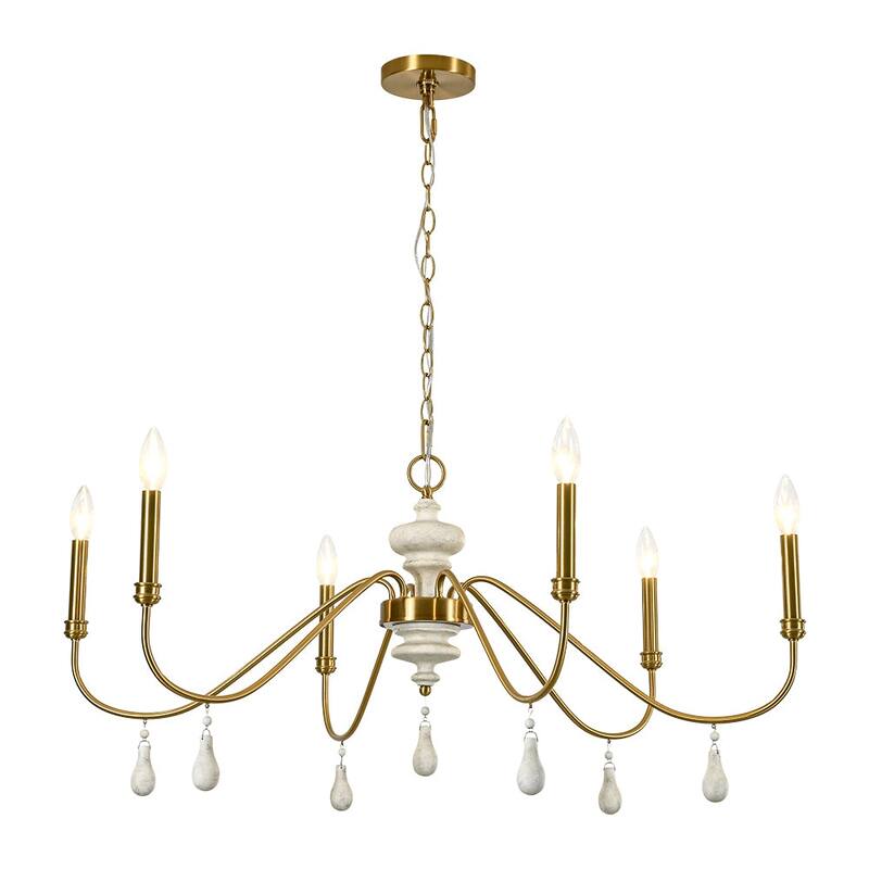 Mid-Century Aged Brass 6-Light Wide Candle Style Chandelier 38in