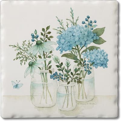 Mason Jars & Florals 4 Pack Absorbent Stone Coasters with Protective Cork Backing Made in The USA Square Absorbent Wipes Clean