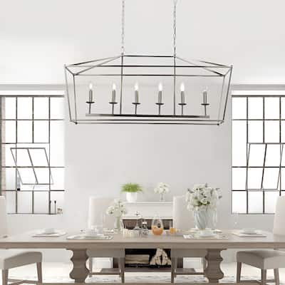 Cage Large Lantern, Iron Art Design 6 Lights Candle-Style Island Chandelier Pendant - N/A