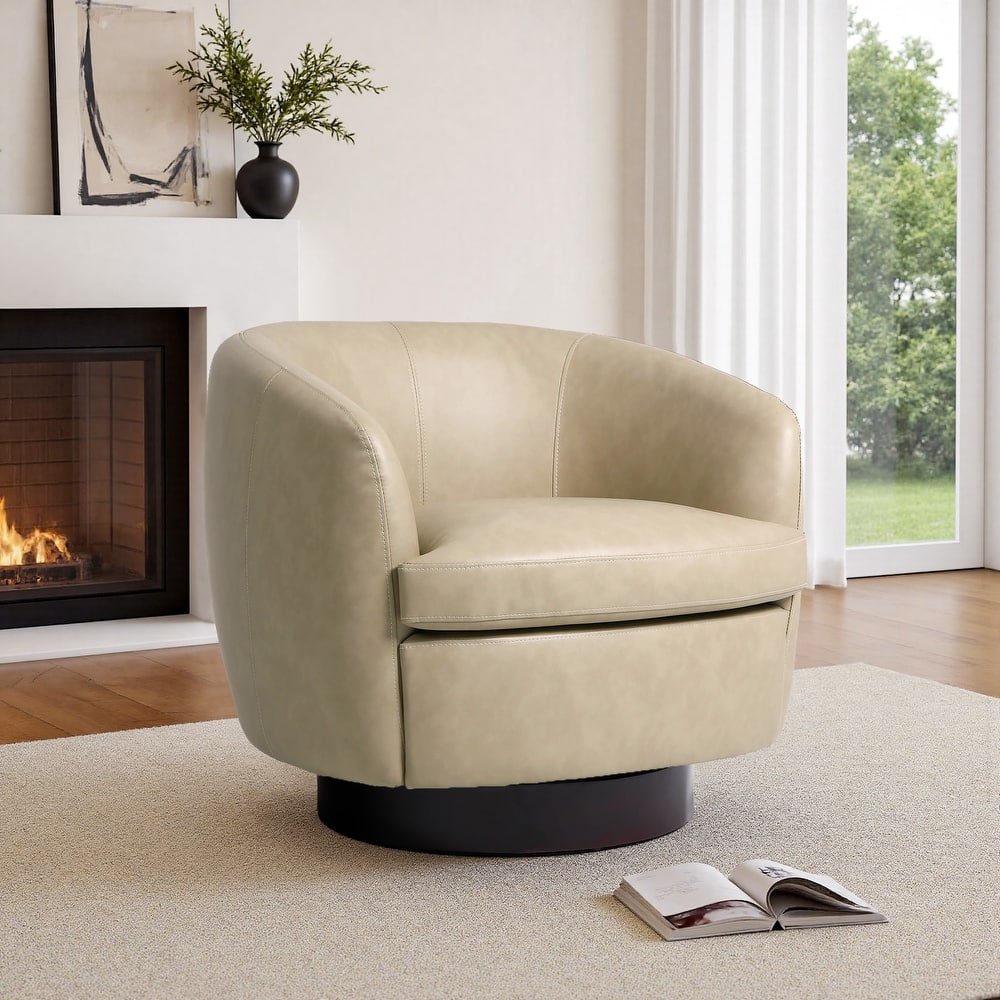 Leather Upholstered Swivel Barrel Accent Chair With Wood Base
