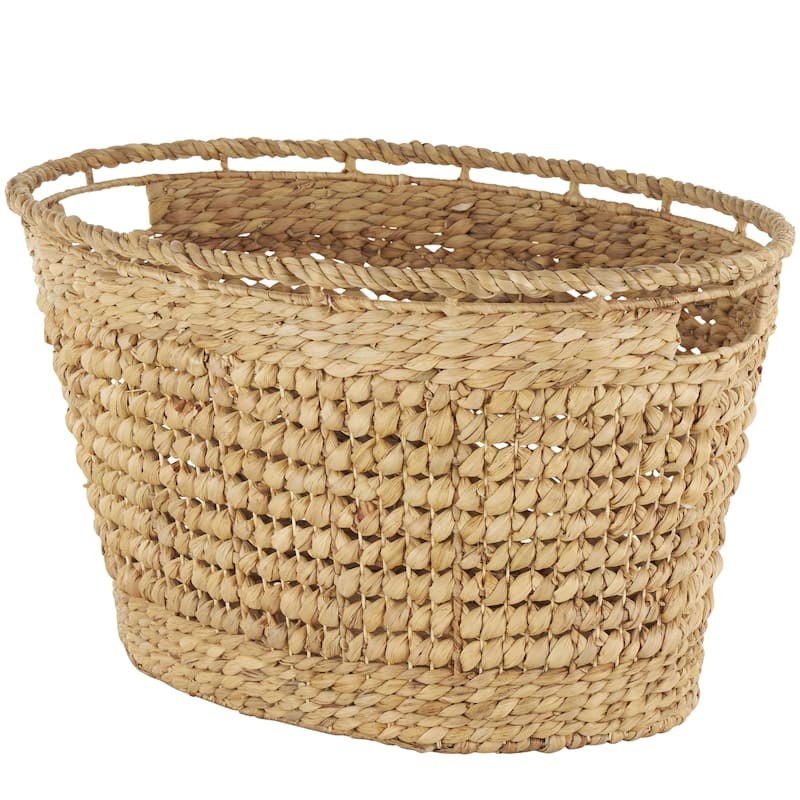 Brown Seagrass Handmade Woven Oval Decorative and Functional Storage Basket with Elevated Rim and Slot Handles