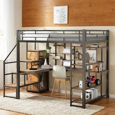 Full Size Metal Loft Bed with Storage Staircase and Small Wardrobe
