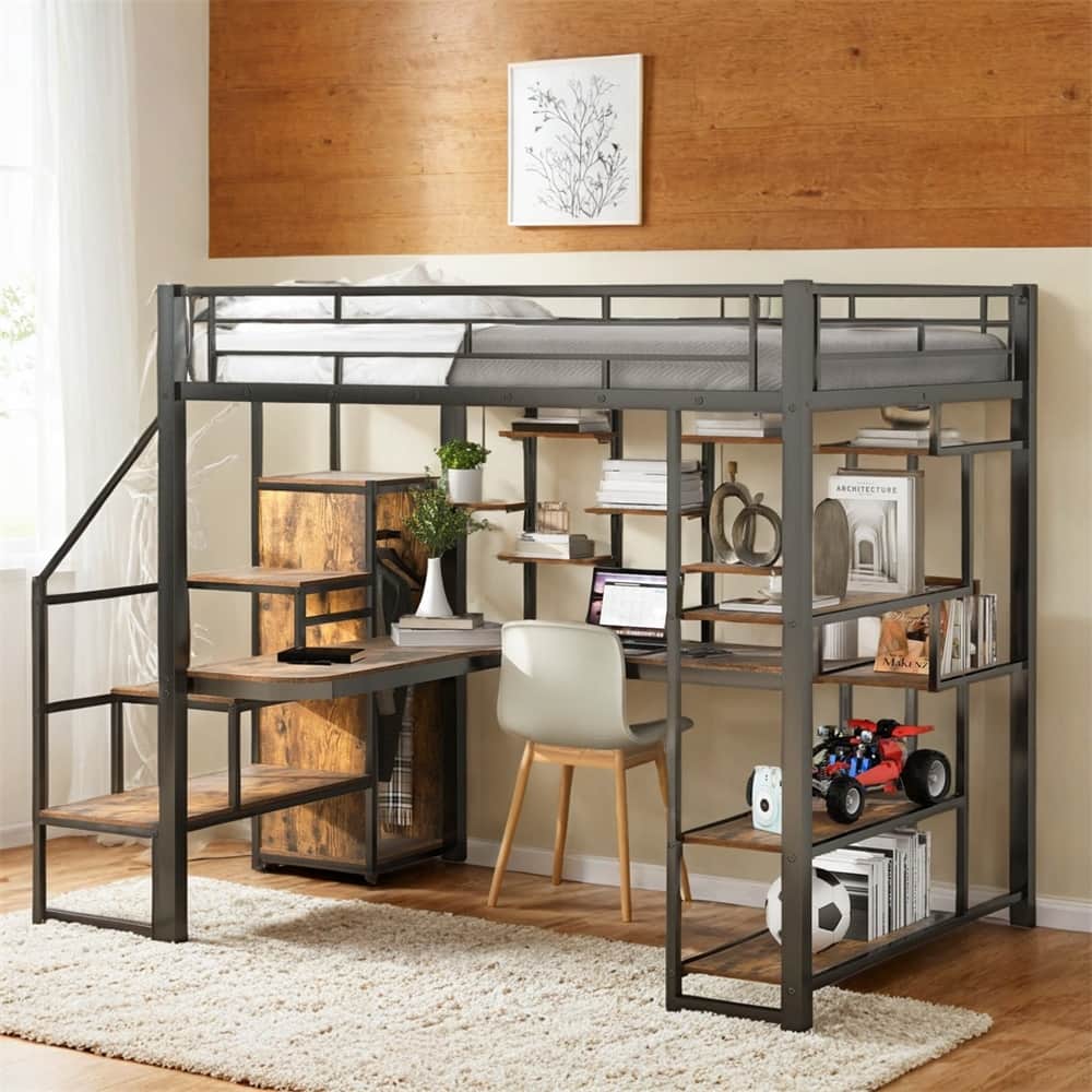 Full Size Metal Loft Bed with Storage Staircase and Small Wardrobe
