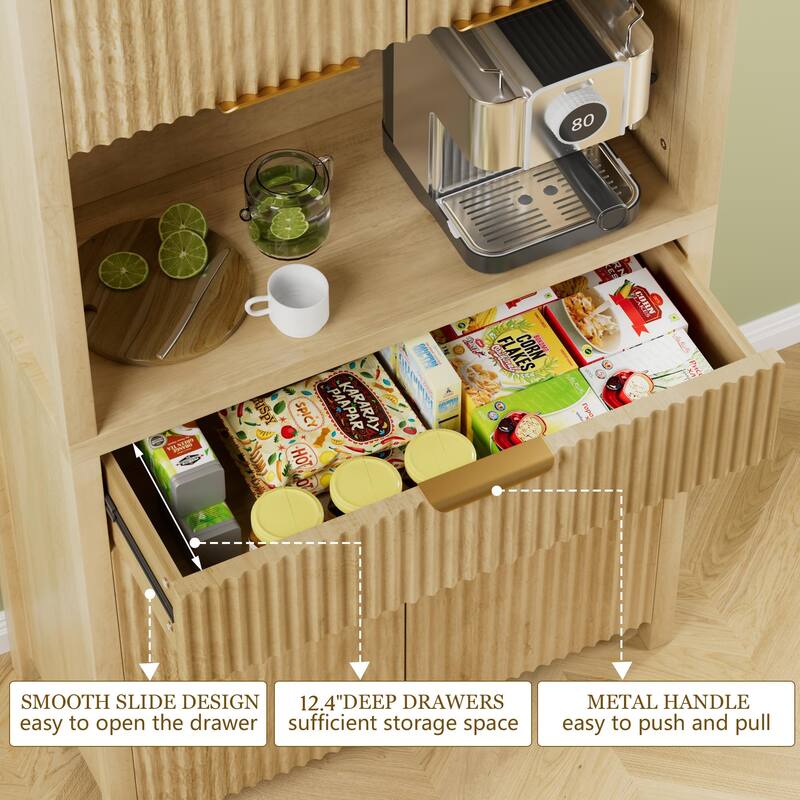 71"Pantry Storage Cabinet with Drawer, Charging Station and Open Countertop for Dining Living Room