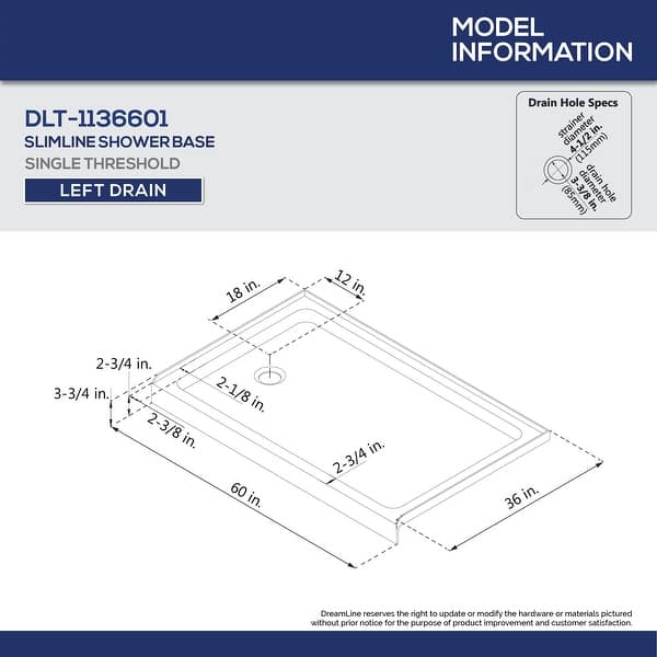 dimension image slide 2 of 3, DreamLine SlimLine 36 in. D x 60 in. W x 2 3/4 in. H Single Threshold Shower Base