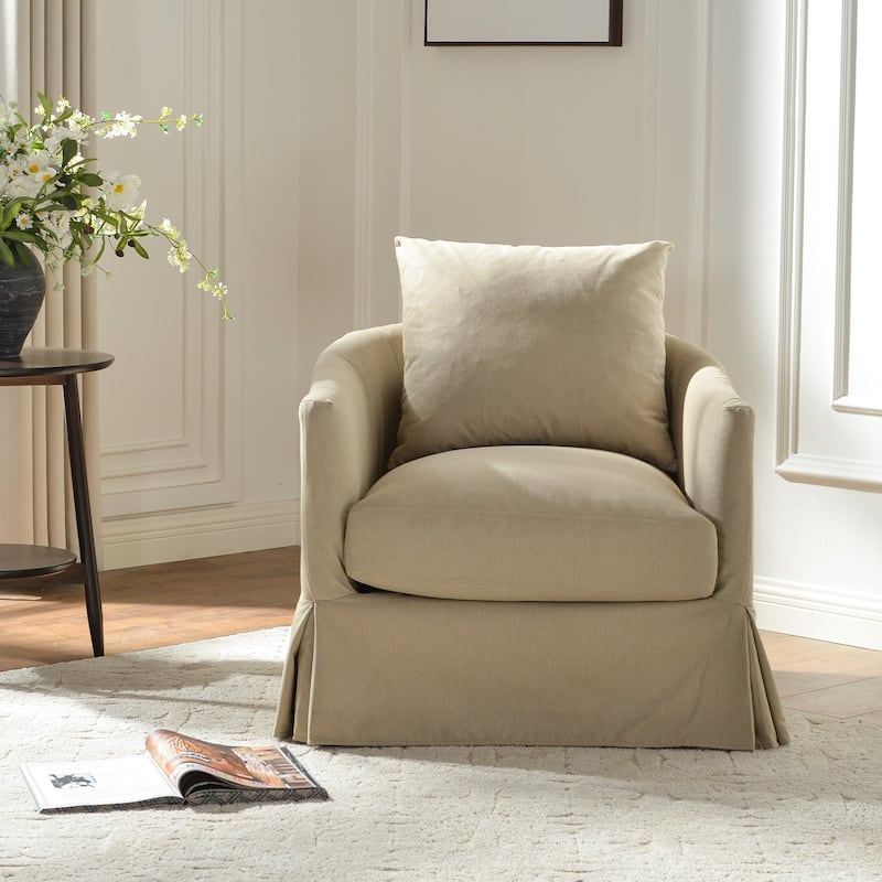 KINWELL 32" W Down Fill Upholstered Slipcovered Swivel Barrel Accent Armchair