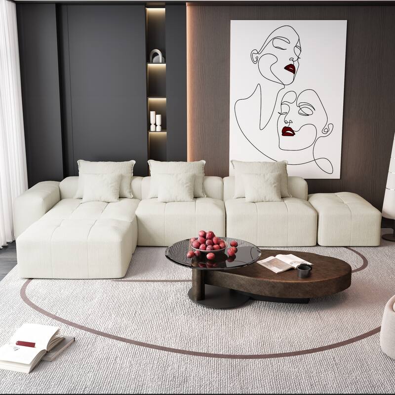 Modern Oversized Modular Sectional Sofa, Chenille Fabric Floor Couch with 6 Pillows, 5-Seater Upholstered Tufted Sofa