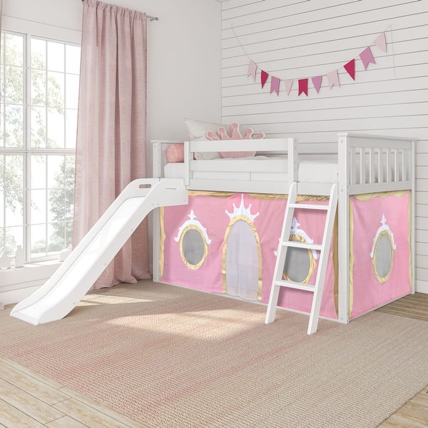 slide 2 of 20, Twin Over Twin Low Bunk Bed with Slide & Princess Curtain