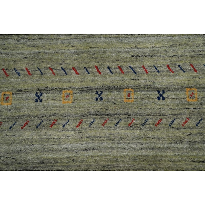 Green Wool Tribal Gabbeh Oriental Area Rug, Handmade Modern Carpet - 9' 10'' X 6' 6''