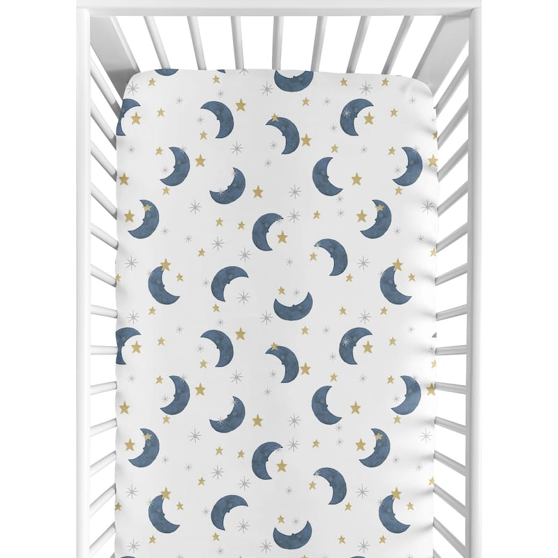 Moon and Star Collection Boy or Girl Fitted Crib Sheet - Navy Blue and Gold Watercolor Celestial Sky