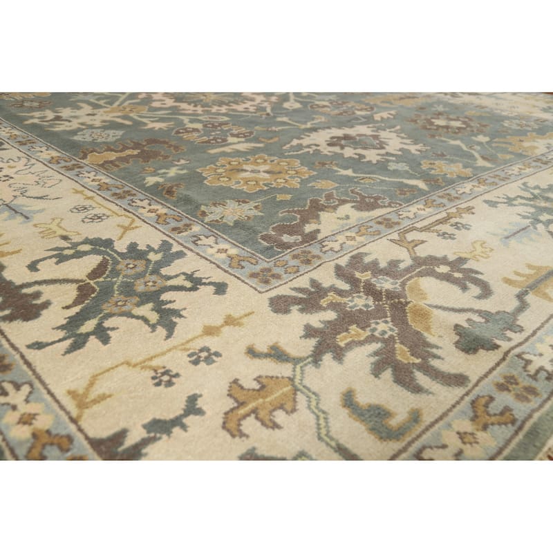 Blue Floral Oushak Indian Area Rug Hand-Knotted Wool Carpet - 9'0" x 11'11" - Blue - 9'0" x 11'11"