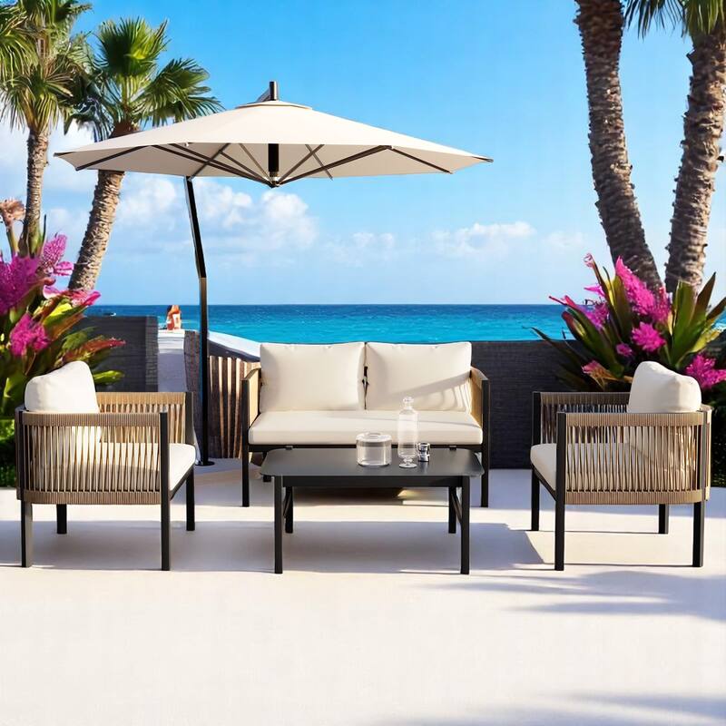 Modular Multi-Person Outdoor Sofa Set with Tempered Glass Table - Ideal for Garden, Backyard, and Balcony - Beige