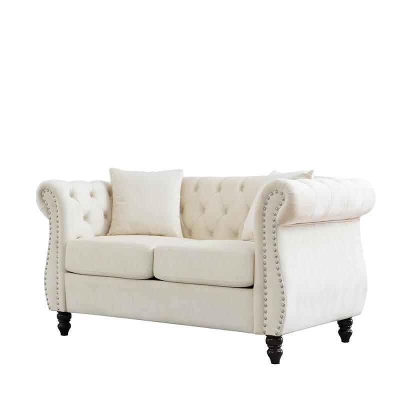 Chesterfield Velvet Loveseat Sofa, Tufted Upholstered Sofa with 2 Pillows, 2-Seater Sofa with Rolled Arms & Nailhead