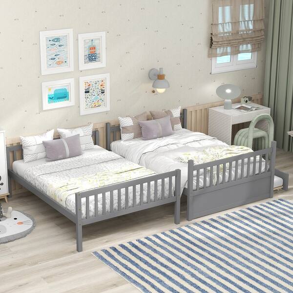 slide 2 of 12, Full Over Full Bunk Bed w/ Trundle Convertible to 2 Full Size Platform Bedframe, Full Bunk Bed Frame w/ Ladder and Safety Rails Grey - Full
