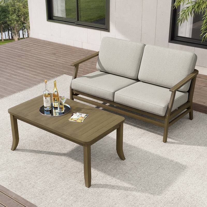 Teak Outdoor Patio Loveseat and Coffee Table Set (2-Piece)