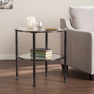 SEI Furniture Glenn Distressed Black Metal Round Side Table with Glass Top and Shelf