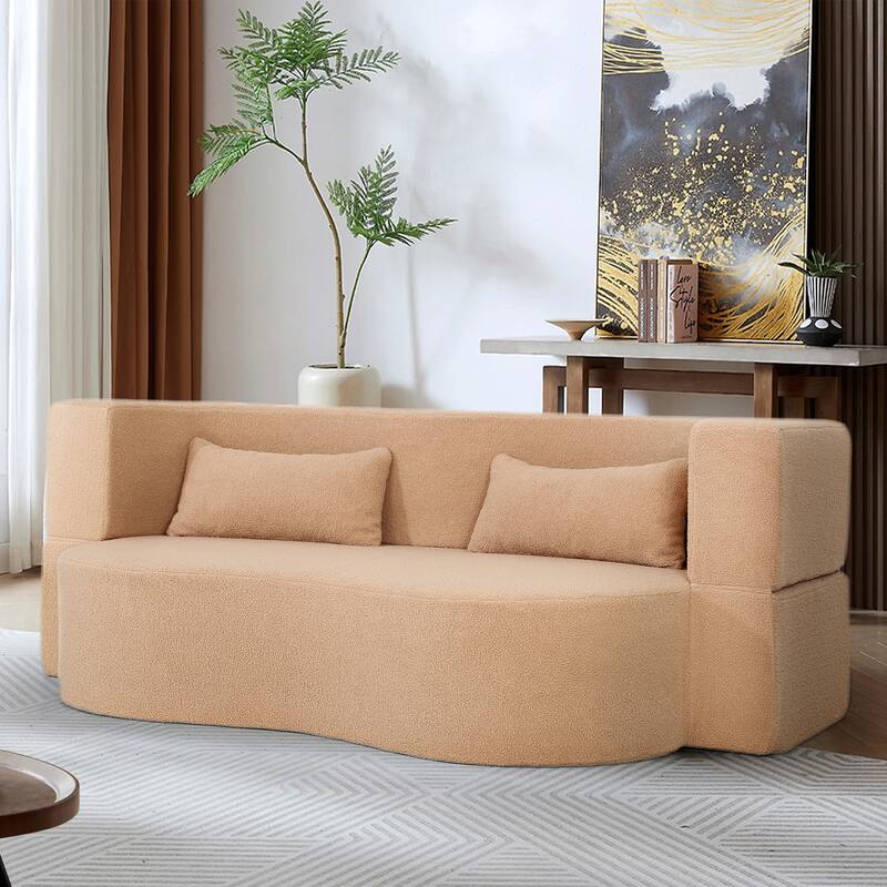 GDFStudio - 2-in-1 Convertible Sofa Bed, Full Size Folding Loveseat Couch with Soft Teddy Fabric - Apricot