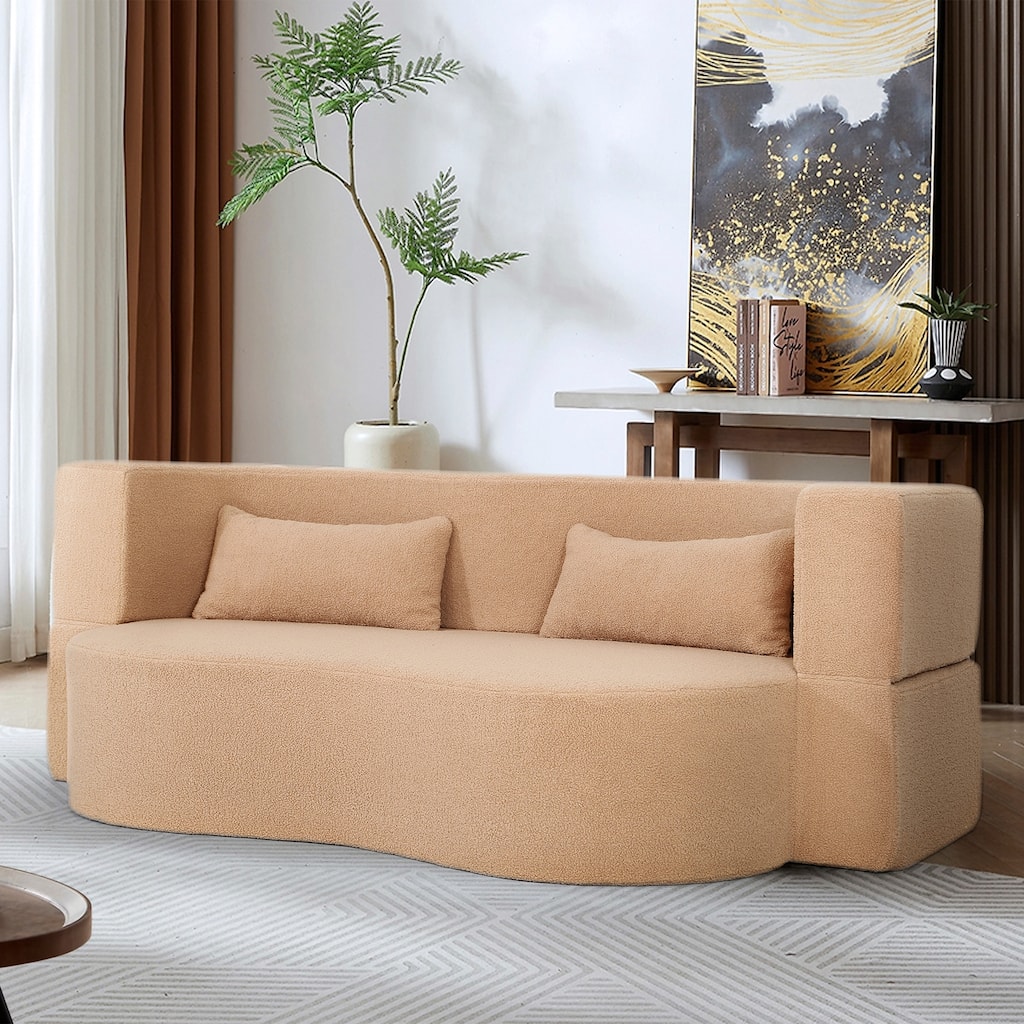 Modern 2-Seater Sofa 2-in-1 Folding Sofa Bed with 2 Pillows Soft Teddy Fabric, for Small Living Room, Dorm, RV