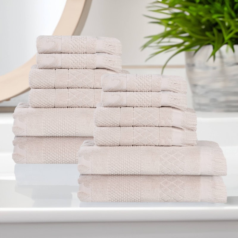 Superior Rolla Cotton Geometric Jacquard Plush Soft 12 Piece Towel Set