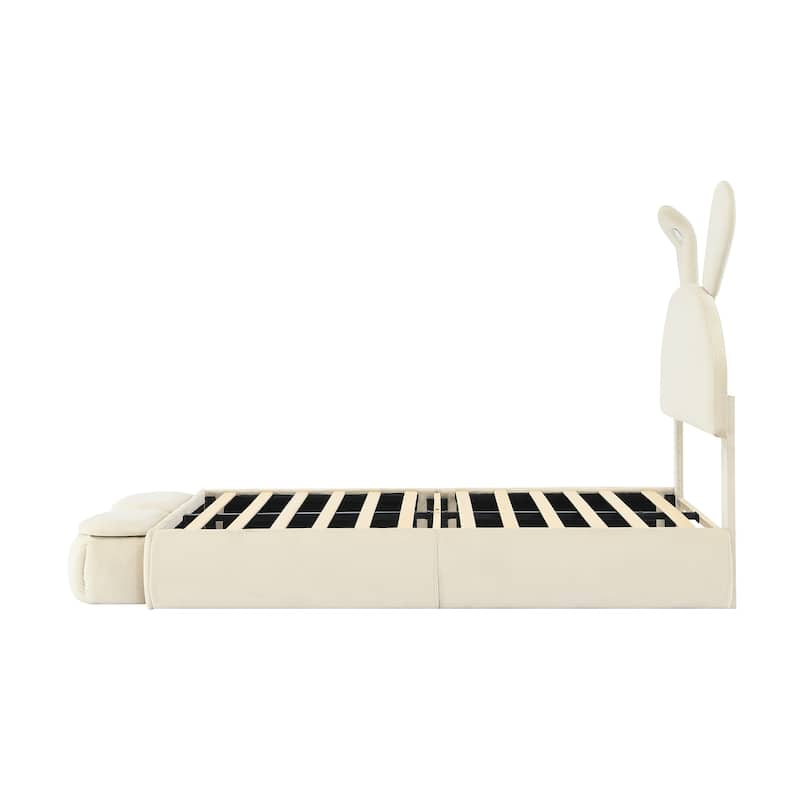 Twin Size Velvet Upholstered Platform Bed with Rabbit Shaped Headboard
