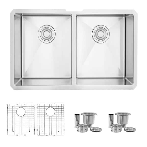 slide 2 of 14, STYLISH Undermount 28" Double-Bowl Stainless Steel Kitchen Sink S-300XG - 28" x 18" x 10" Brushed Stainless Steel
