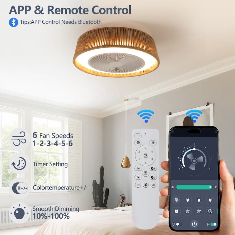21" Bohemian Braided Ceiling Fan Light, Silent Remote Control with Timing Function, Adjustable Color Temperature