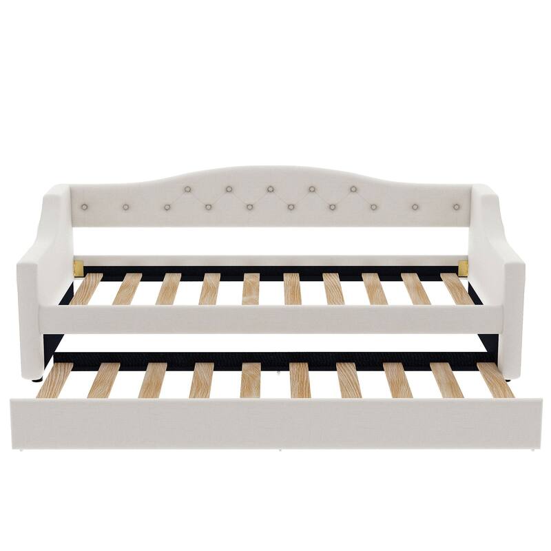 Twin XL Linen Upholstered Daybed with Color-Changing LED Lights and Space-Saving Trundle, Sturdy Frame