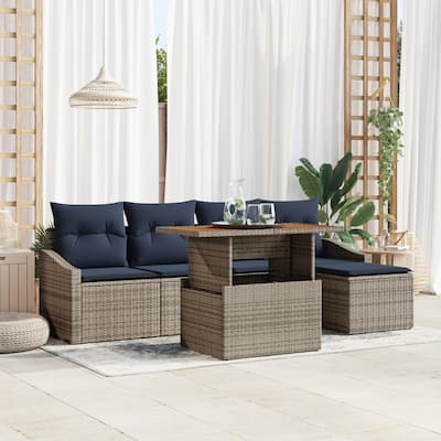 vidaXL 6 Garden Sofa Set with Cushions Black/Grey Poly Rattan - 91.7 x 46.1 x 27.2