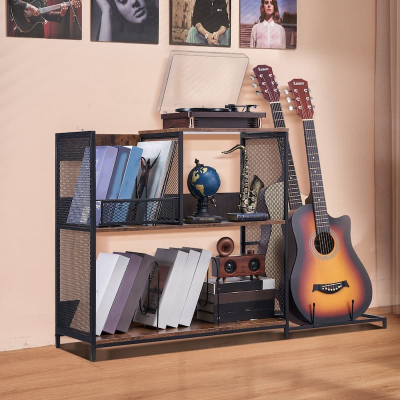 3-Tier Turntable Record Player Stand with Guitar Holder and Extra Large Storage Space - 44.61" x 14.17" x 30.12"