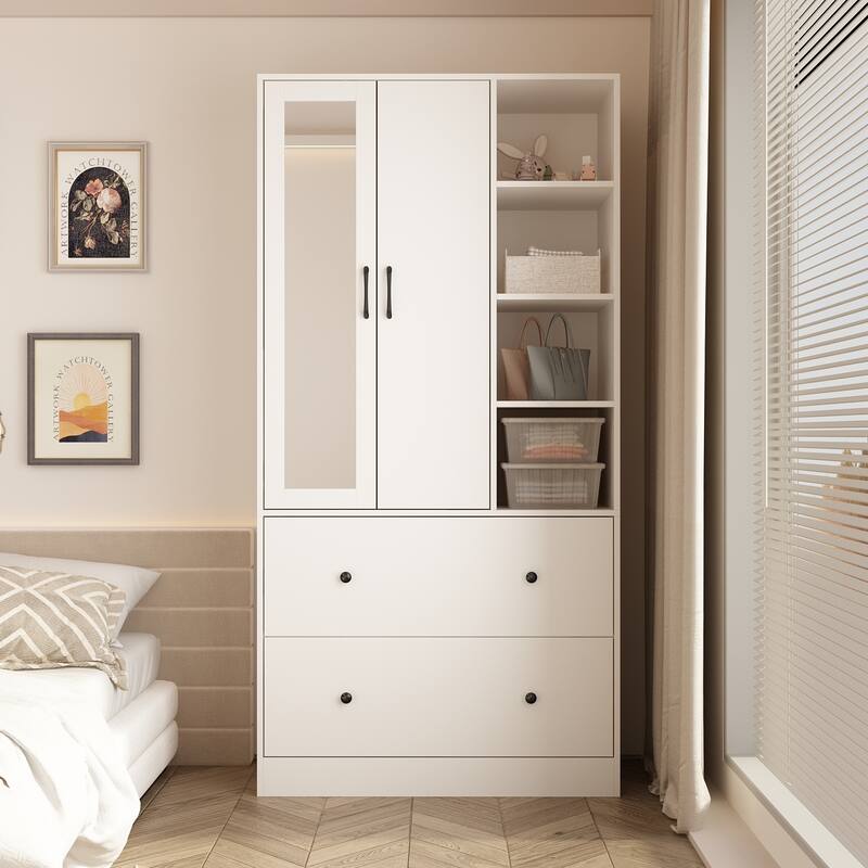 Wardrobe Closet Armoire wi/Mirror & Scalable Hanging Rod Space Saving