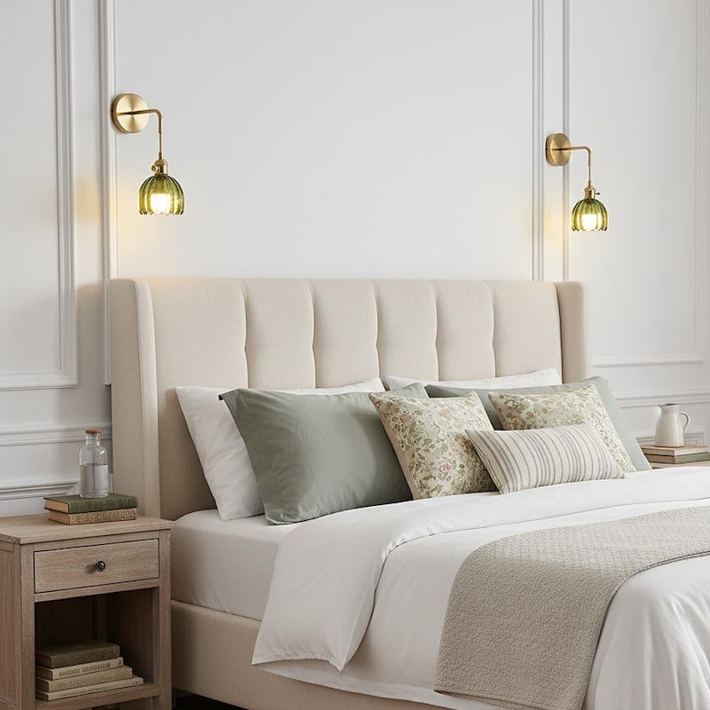 Set of 2 Battery Operated Wireless Sconce with Green Glass Lampshade