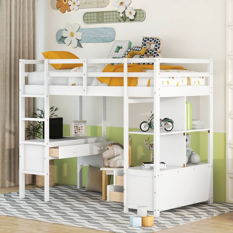 Twin/Full Loft Bed with Desk, Multiple Storage Shelves, Drawers, and Sturdy Pine Wood Frame