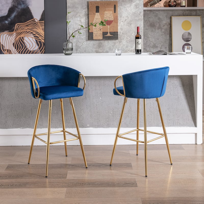 Set of 2 30" Bar Stools, Blue Velvet with Chrome Footrest & Gold Legs