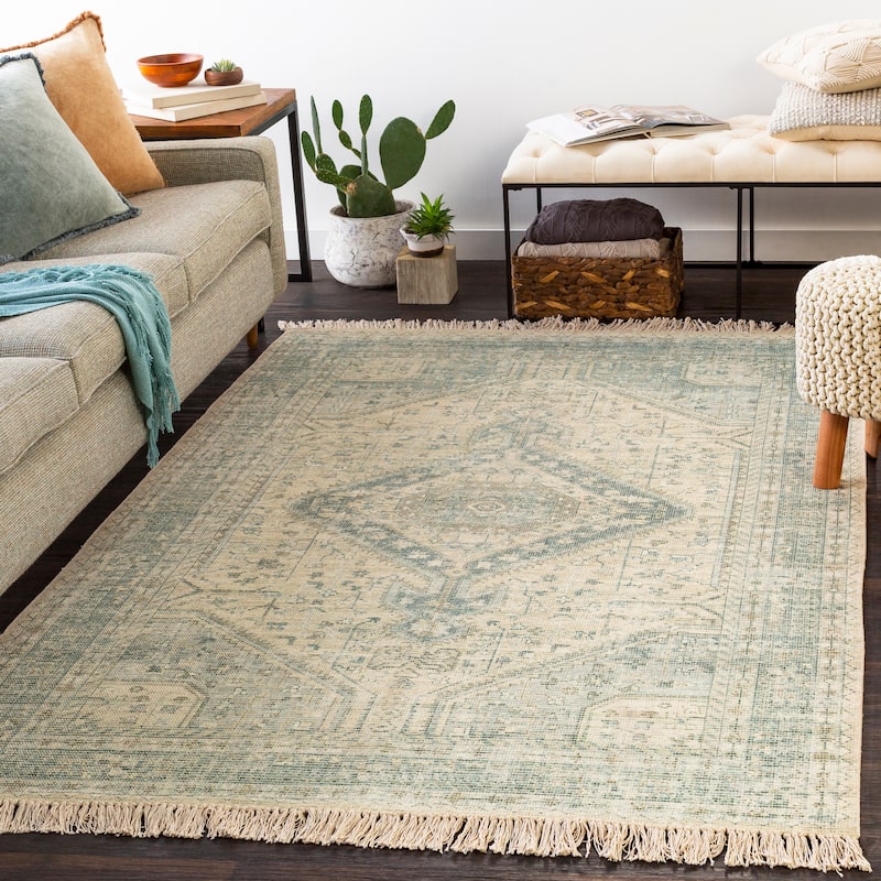 Livabliss Evans Distressed Medallion Handmade Cotton Area Rug - 8' 10" x 12' - Sage/Cream
