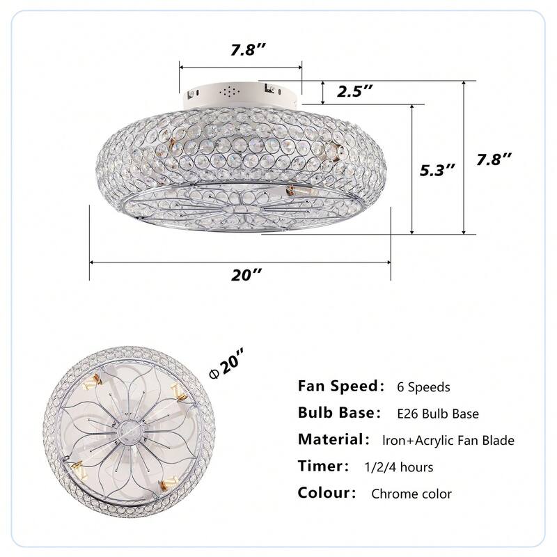 20'' Modern Flush Mount Crystal Ceiling Fans with Remote, 6 Speeds DC Motor Reversible Chandelier Ceiling Fan For Bedroom