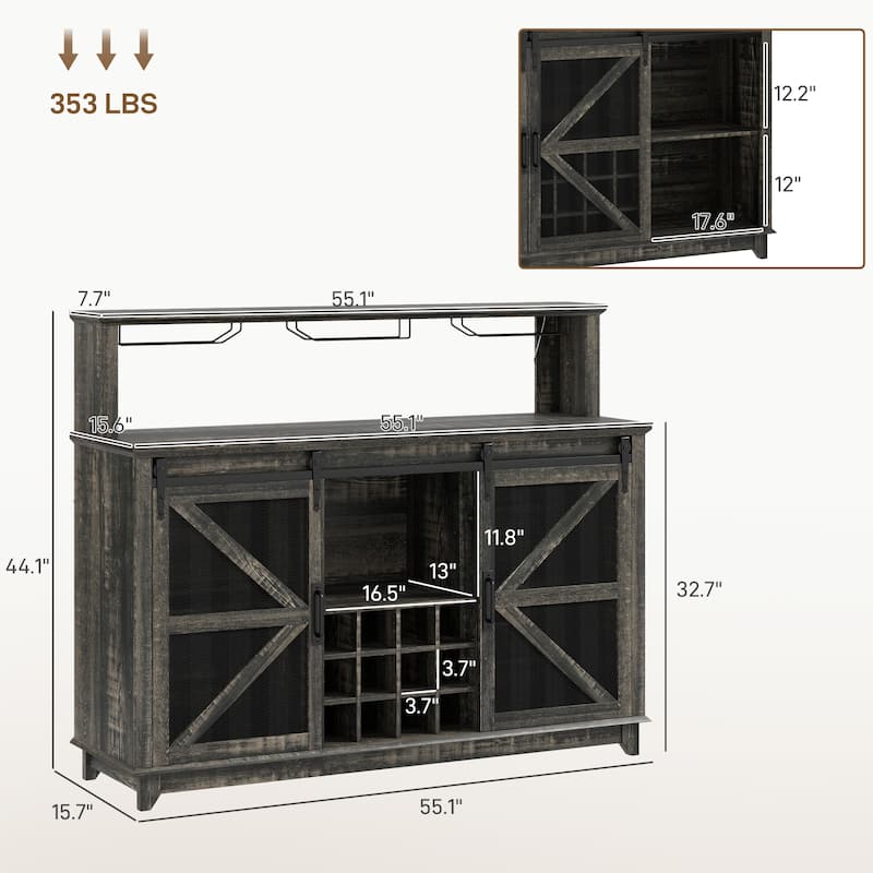 Farmhouse Coffee Bar Cabinet with LED Lights Wine Rack Glass Holders and Sliding Barn Doors - 55.1" W x 15.7" D x 44.1" H