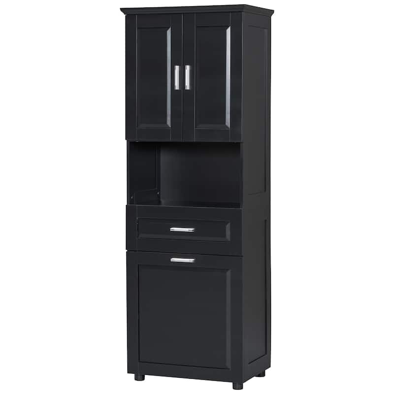 Waterproof Bathroom Cabinet with Tilt-Out Laundry Basket, Large Double Door Storage Cabinet with Adjustable Shelf and Drawer