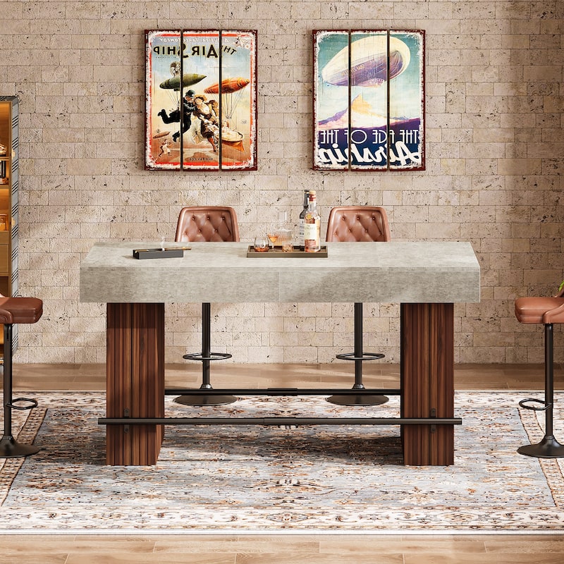 63-Inch Bar Table, Industrial with Metal Footrest for Home Kitchen, Dining Room, Bistro - Light Grey + Red Brown